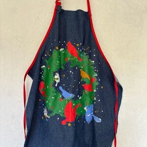 Christmas Denim Apron with Cardinals Birds Wreath Stars Blue Red